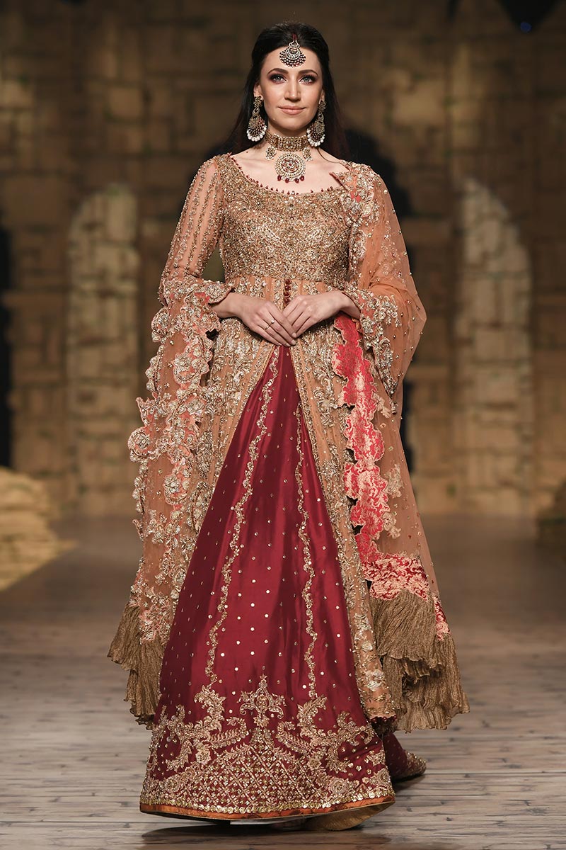 Salmon Net Zardozi Gown with Red Raw Silk Lehenga (3-Piece) - Image 1