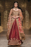 Salmon Net Zardozi Gown with Red Raw Silk Lehenga (3-Piece) - Image 2