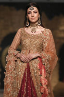 Salmon Net Zardozi Gown with Red Raw Silk Lehenga (3-Piece) - Image 3