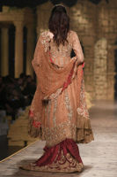 Salmon Net Zardozi Gown with Red Raw Silk Lehenga (3-Piece) - Image 4