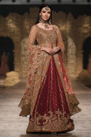 Salmon Net Zardozi Gown with Red Raw Silk Lehenga (3-Piece) - Image 5