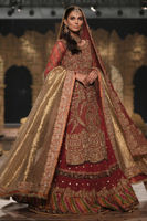 Pakistani Salsa Red Embroidered Raw Silk Lehenga (3-Piece) - Image 2