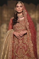 Pakistani Salsa Red Embroidered Raw Silk Lehenga (3-Piece) - Image 3