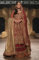 Pakistani Salsa Red Embroidered Raw Silk Lehenga (3-Piece) - Image 5