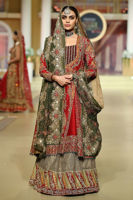 Red Embroidered Raw Silk Angarkha Lehenga (3-Piece) - Image 3