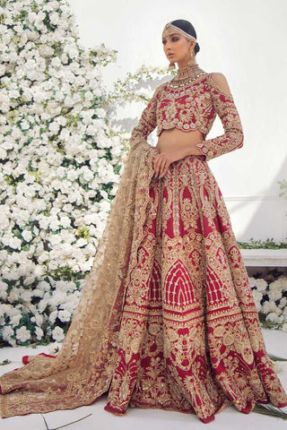 Pakistani Red Gold Zardozi Raw Silk Bridal Lehenga (3-Piece) - Image 2