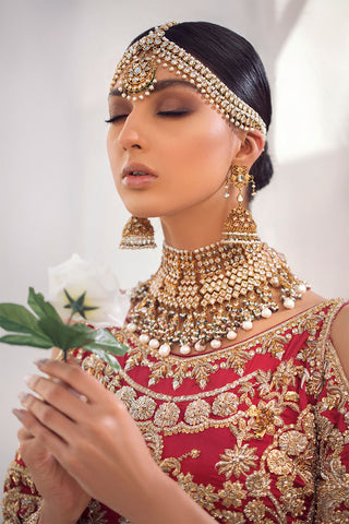 Pakistani Red Gold Zardozi Raw Silk Bridal Lehenga (3-Piece) - Image 4