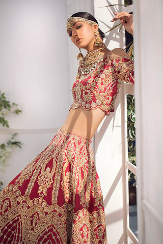 Pakistani Red Gold Zardozi Raw Silk Bridal Lehenga (3-Piece) - Image 5