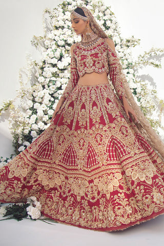 Pakistani Red Gold Zardozi Raw Silk Bridal Lehenga (3-Piece) - Image 6