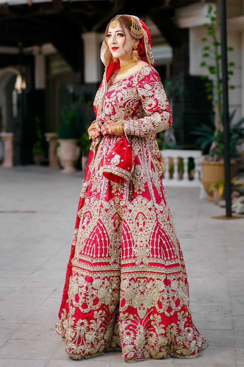 Crimson Red Embroidered Raw Silk Bridal Lehenga (3-Piece) - Image 1