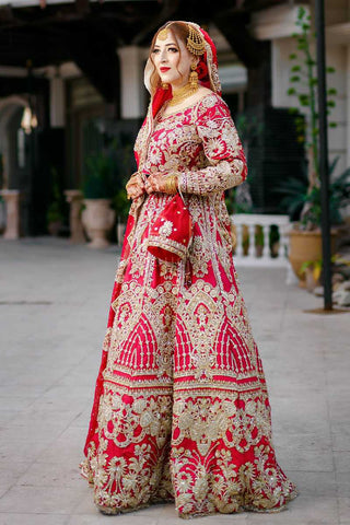 Crimson Red Embroidered Raw Silk Bridal Lehenga (3-Piece) - Image 2