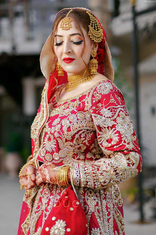 Crimson Red Embroidered Raw Silk Bridal Lehenga (3-Piece) - Image 3