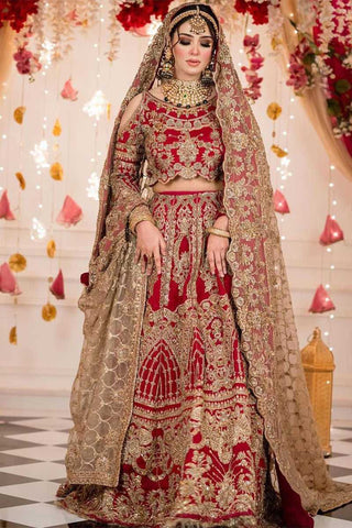 Deep Red Zardozi Raw Silk Bridal Lehenga (3-Piece) - Image 2