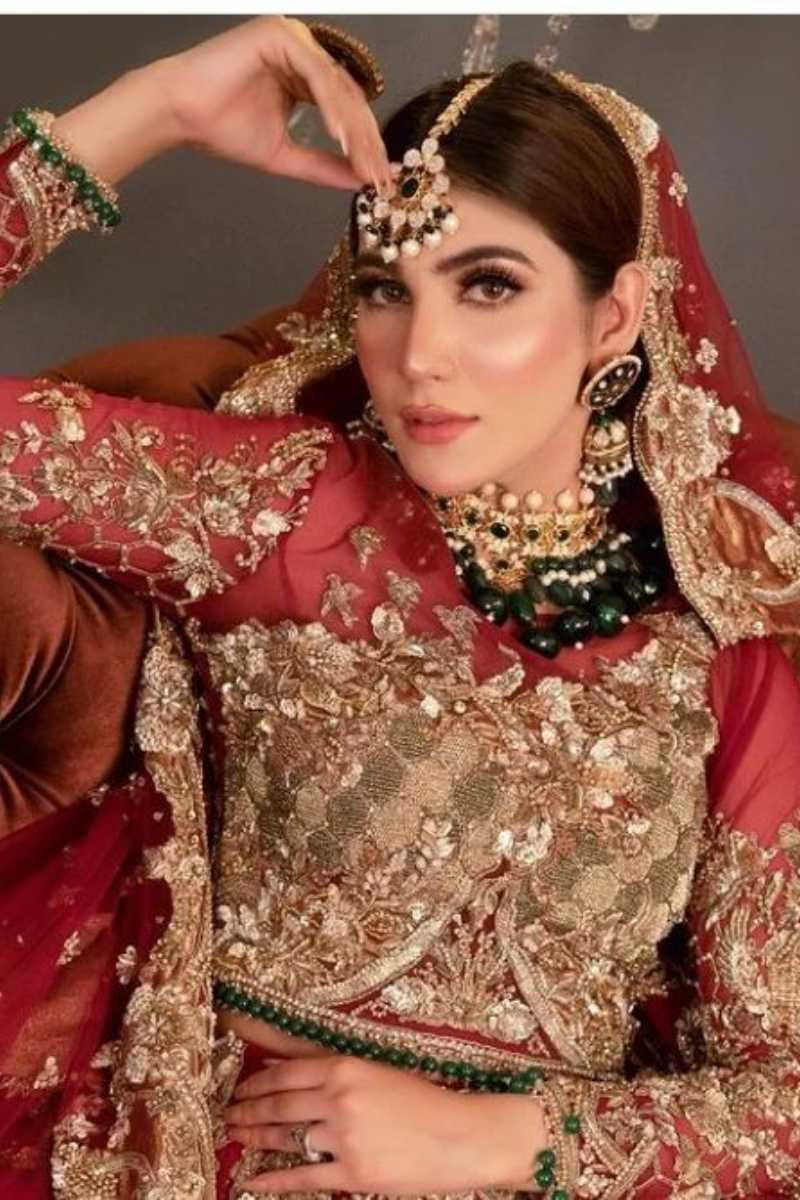 Pakistani Deep Red Embroidered Raw Silk Bridal Lehenga (3-Piece) - Image 2