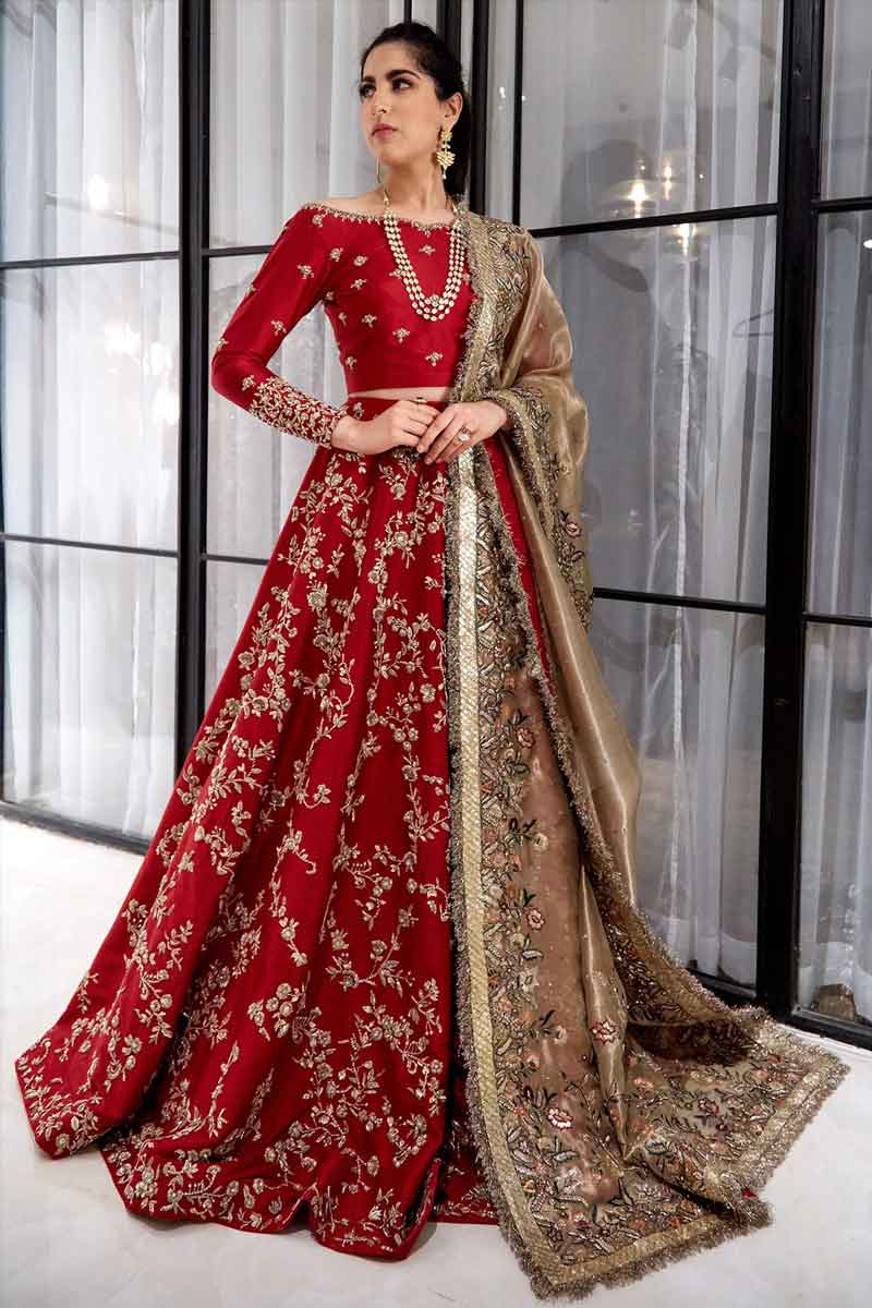 Pakistani Deep Red Zardozi Raw Silk Lehenga Choli (3-Piece) - Image 1