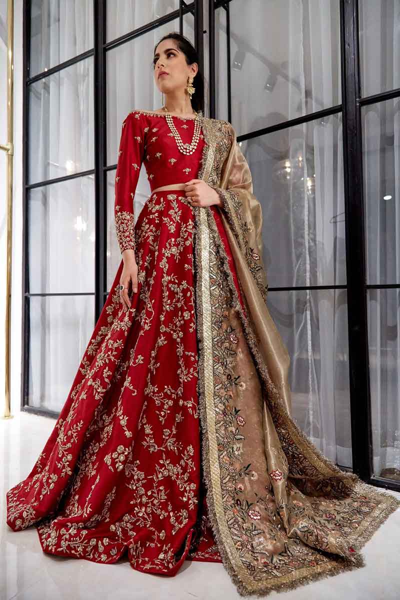 Pakistani Deep Red Zardozi Raw Silk Lehenga Choli (3-Piece) - Image 3
