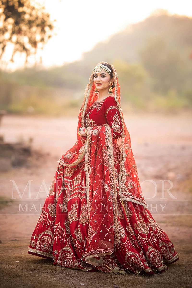 Deep Red Zardozi Raw Silk & Velvet Bridal Lehenga (3-Piece) - Image 2