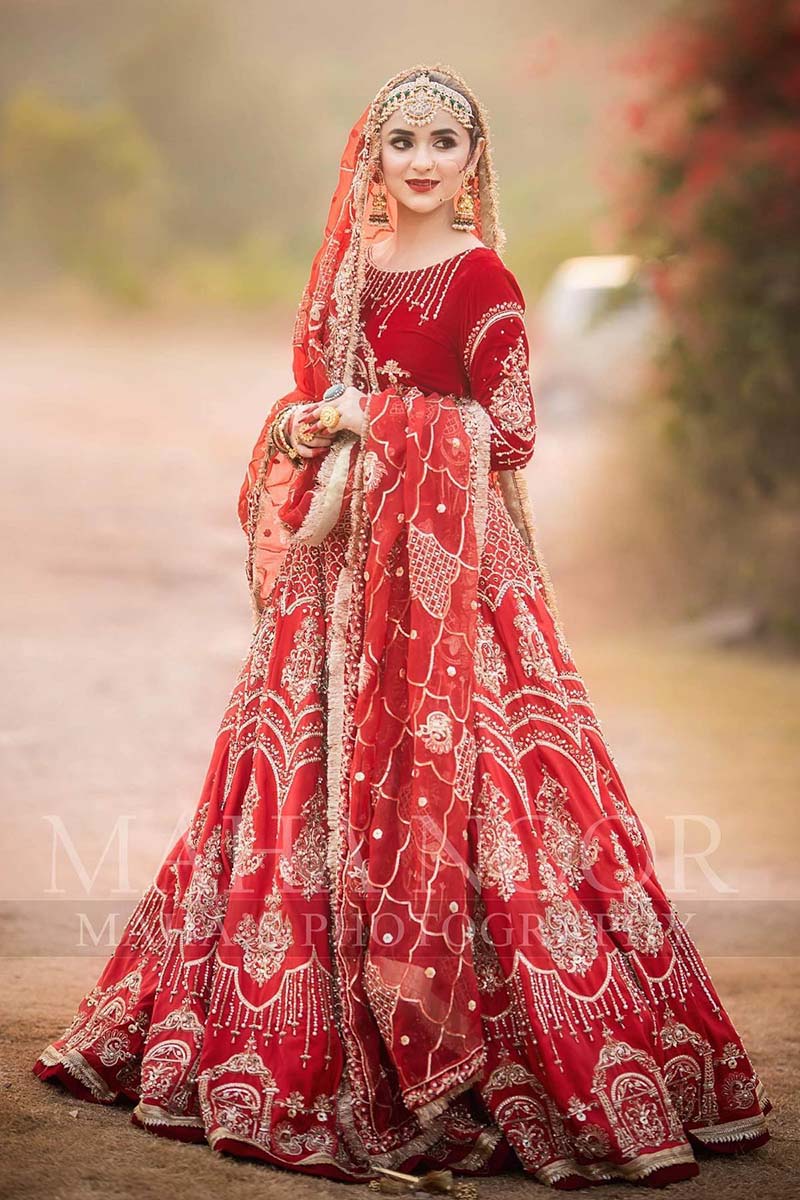 Deep Red Zardozi Raw Silk & Velvet Bridal Lehenga (3-Piece) - Image 3