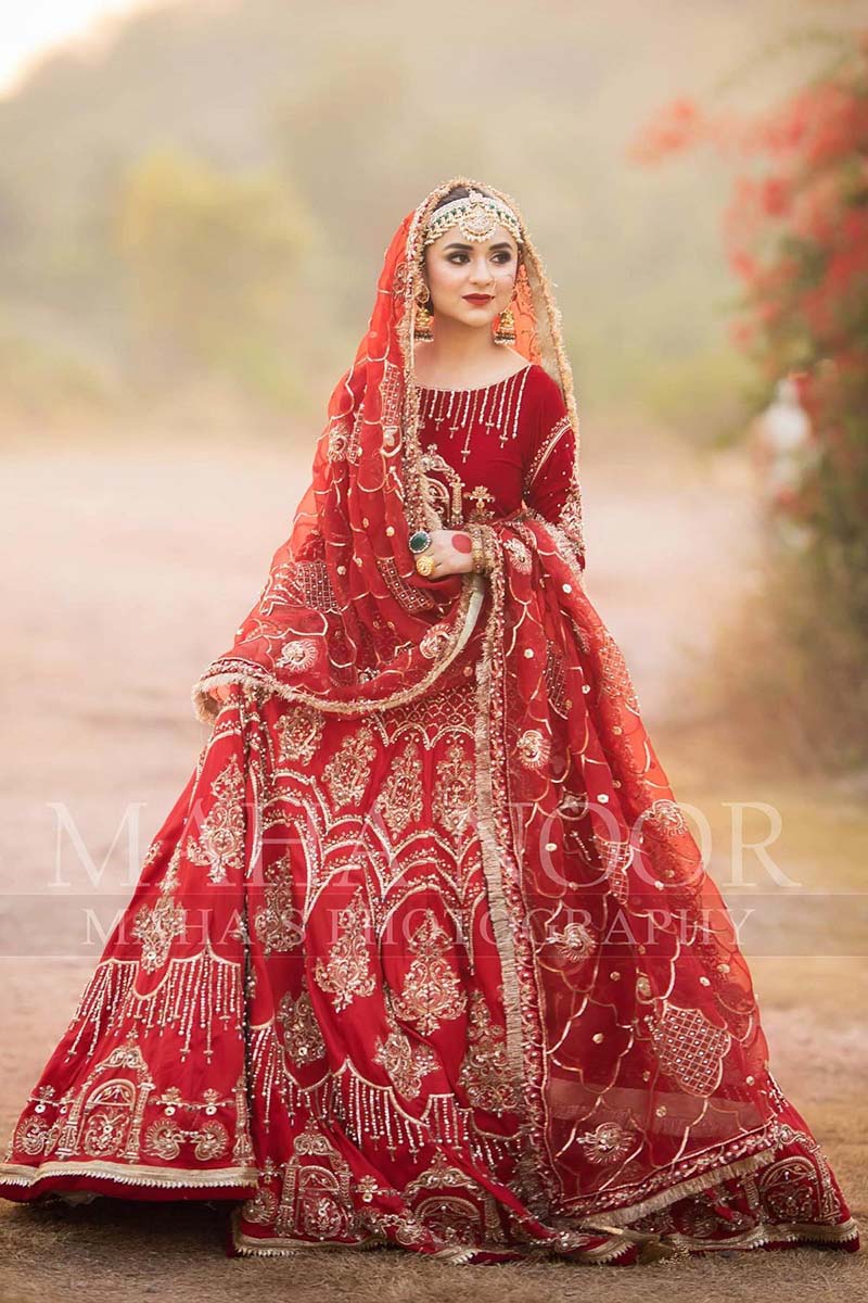 Deep Red Zardozi Raw Silk & Velvet Bridal Lehenga (3-Piece) - Image 5