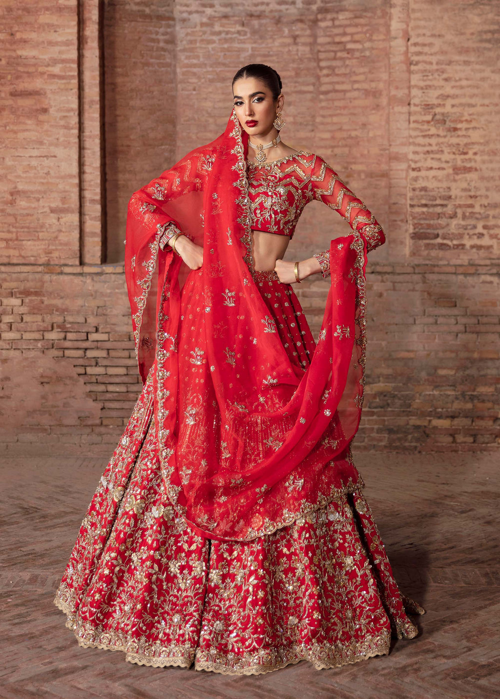 Red Embroidered Raw Silk Bridal Lehenga (3-Piece) - Image 1