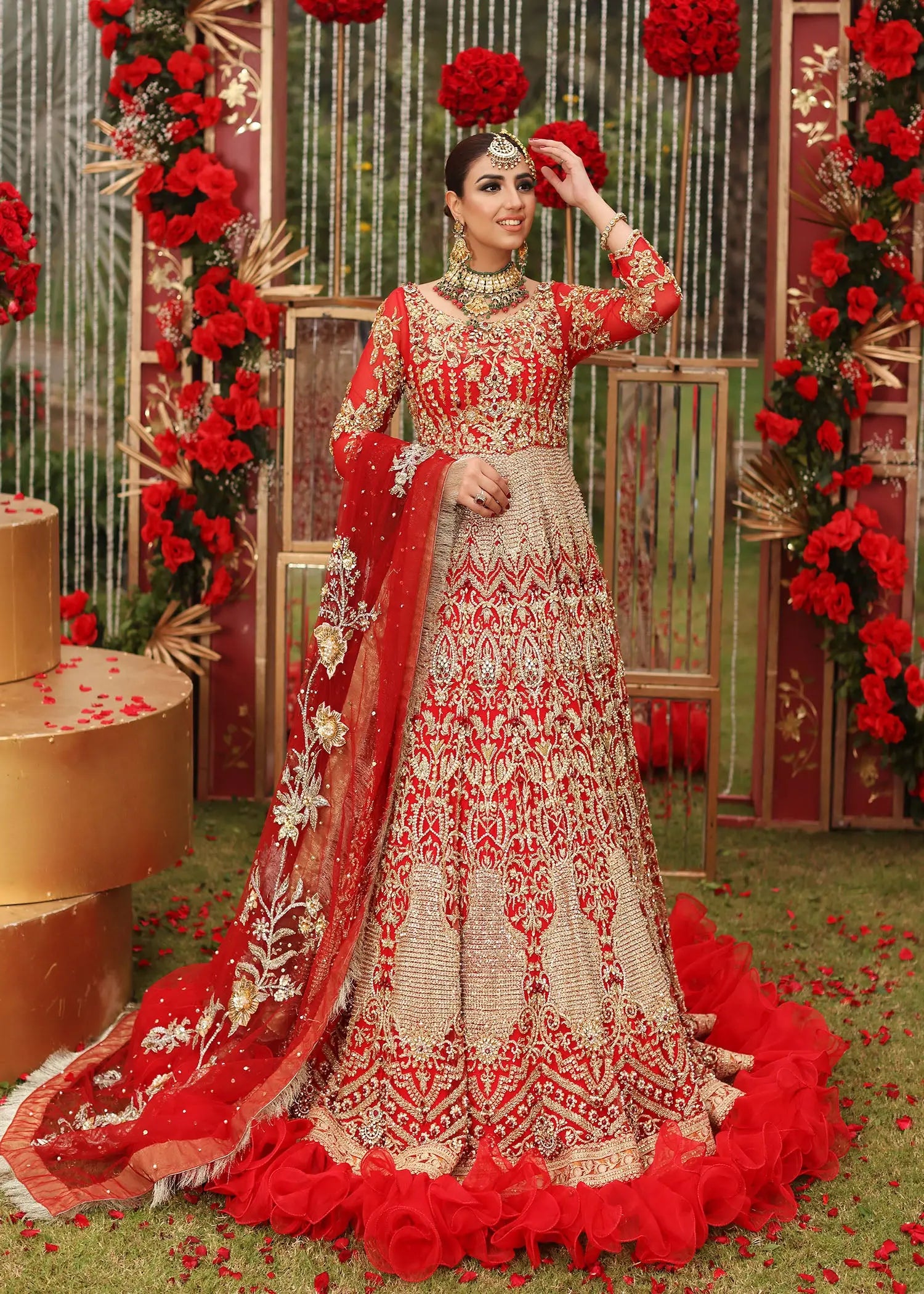 Red Zardozi Embroidered Raw Silk Bridal Lehenga Choli (3-Piece) - Image 1