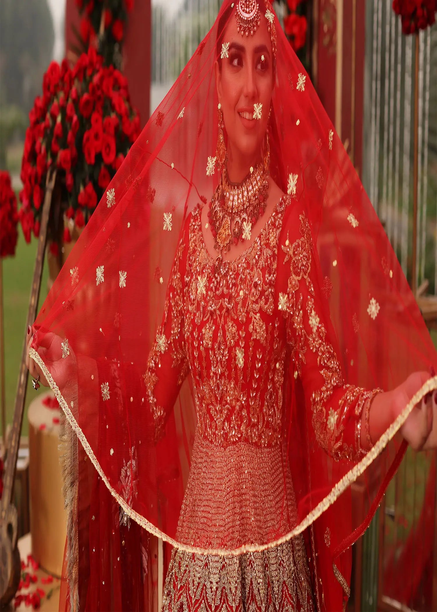 Red Zardozi Embroidered Raw Silk Bridal Lehenga Choli (3-Piece) - Image 3