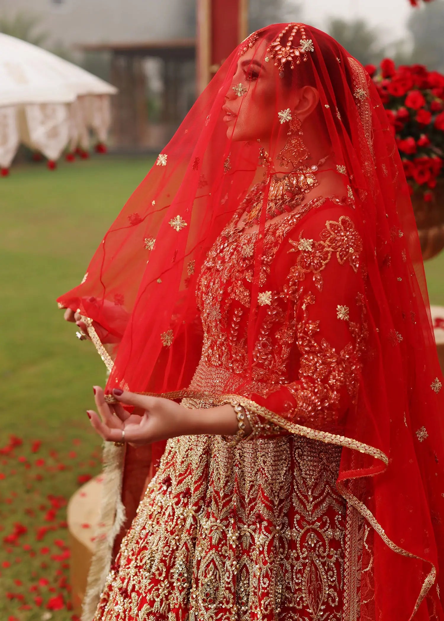 Red Zardozi Embroidered Raw Silk Bridal Lehenga Choli (3-Piece) - Image 4