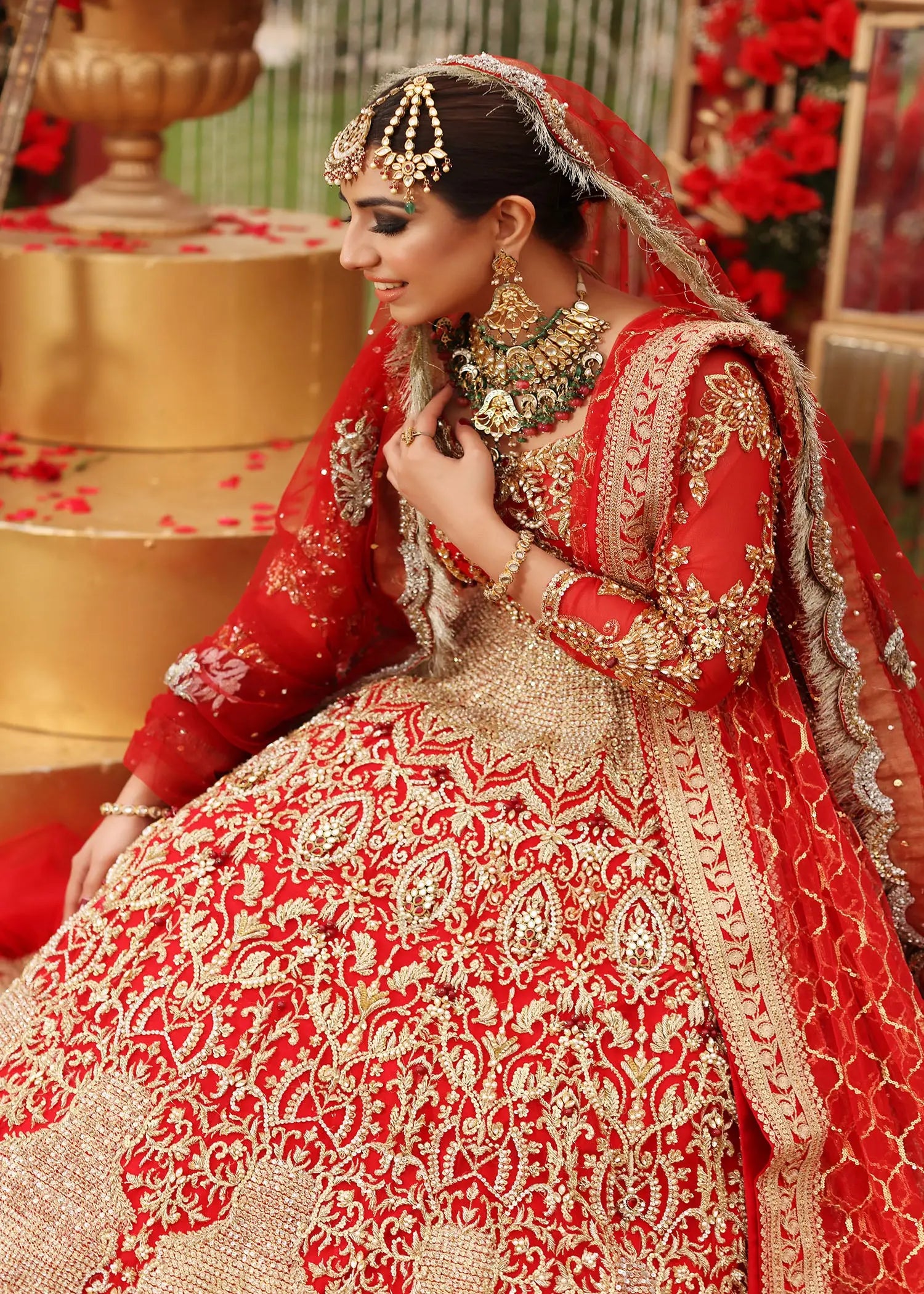 Red Zardozi Embroidered Raw Silk Bridal Lehenga Choli (3-Piece) - Image 7