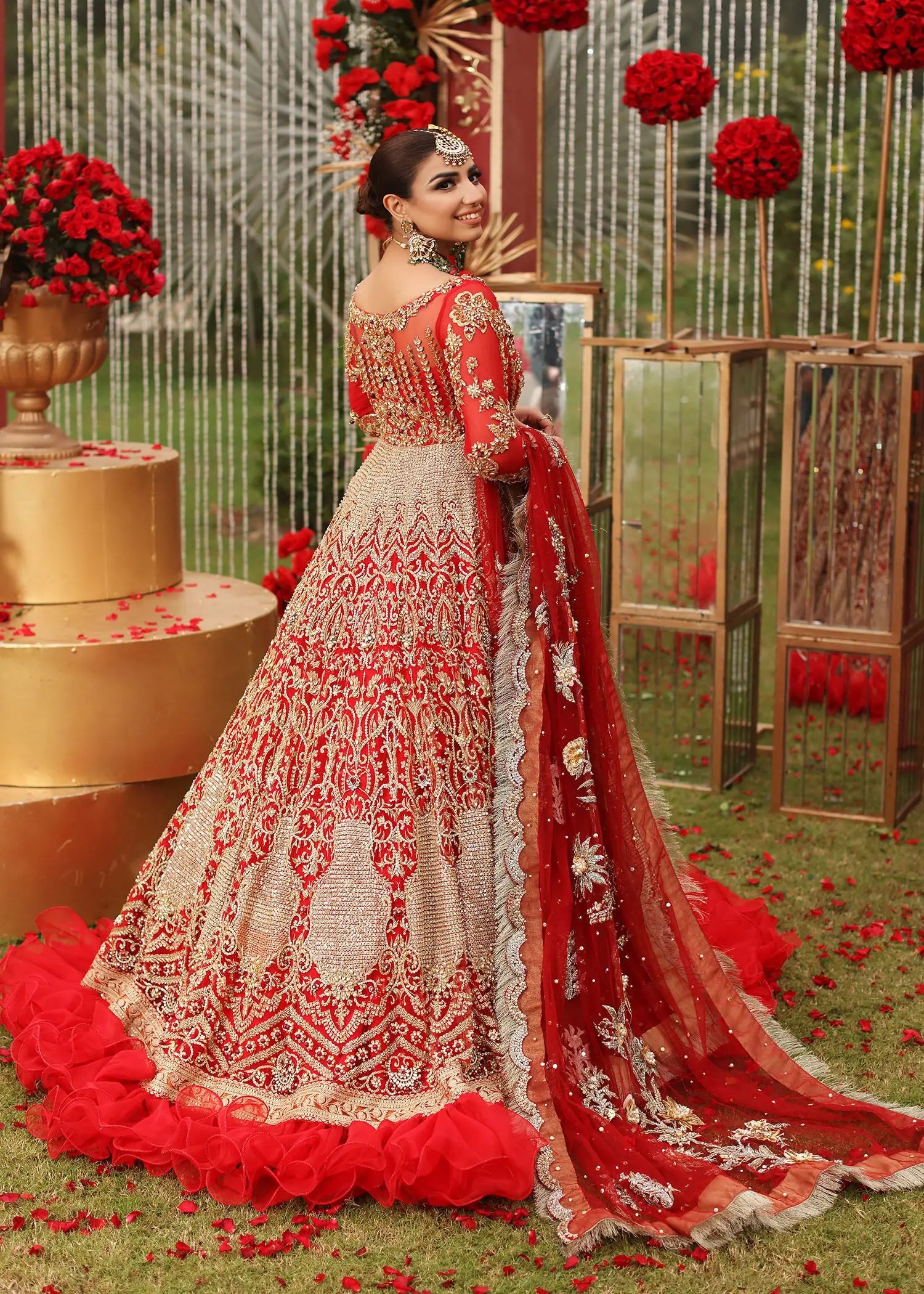 Red Zardozi Embroidered Raw Silk Bridal Lehenga Choli (3-Piece) - Image 8