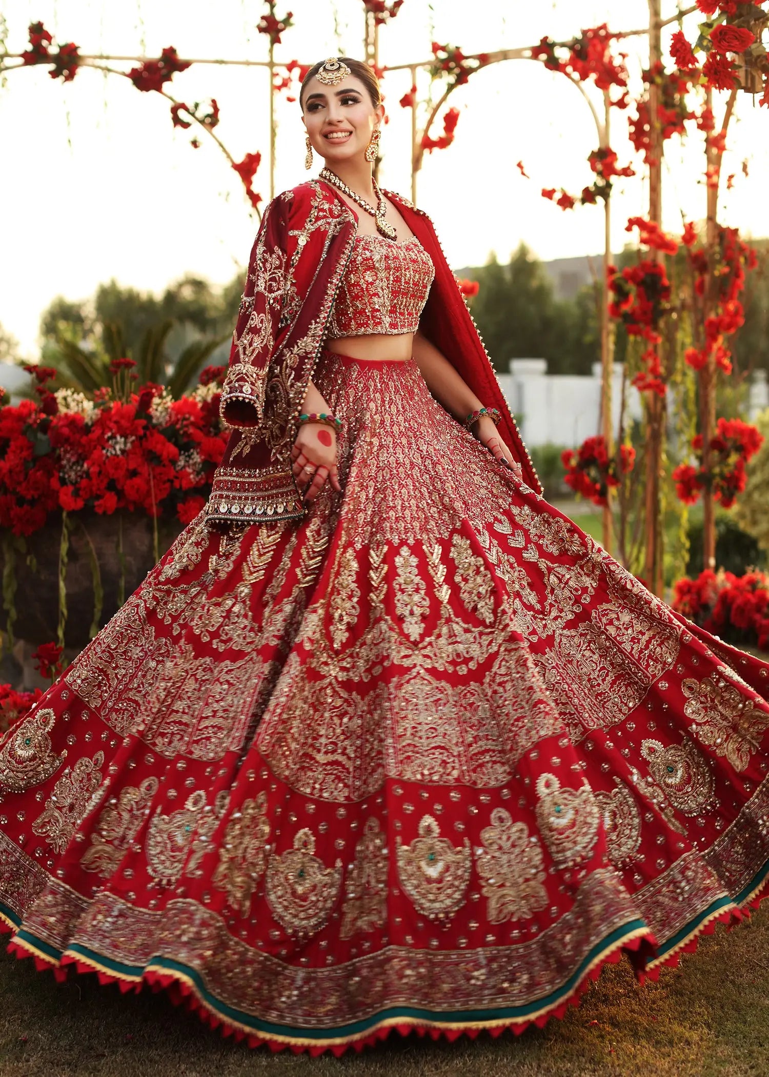 Pakistani Red Zardozi Embroidered Raw Silk Bridal Lehenga (3-Piece) - Image 1