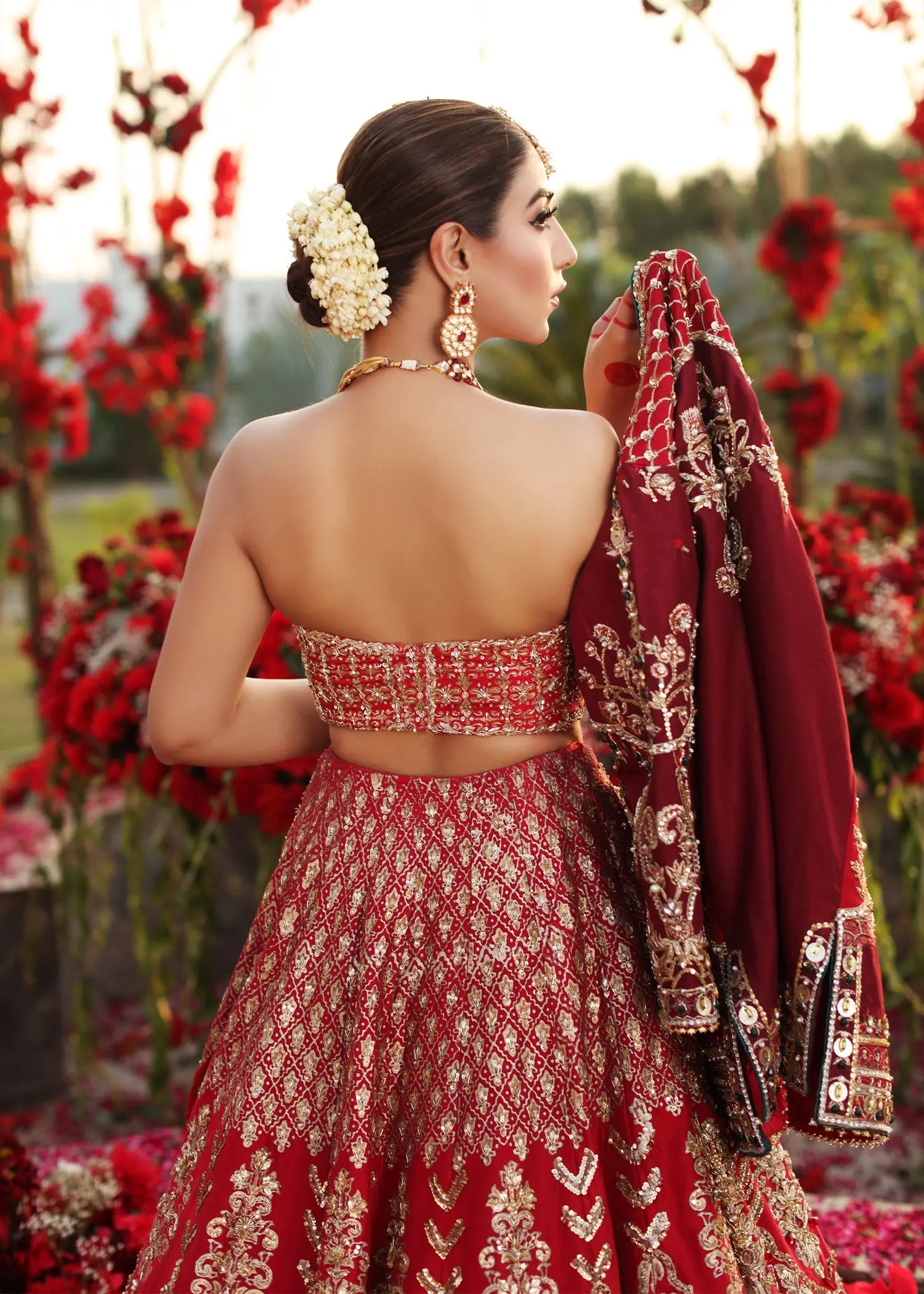 Pakistani Red Zardozi Embroidered Raw Silk Bridal Lehenga (3-Piece) - Image 2