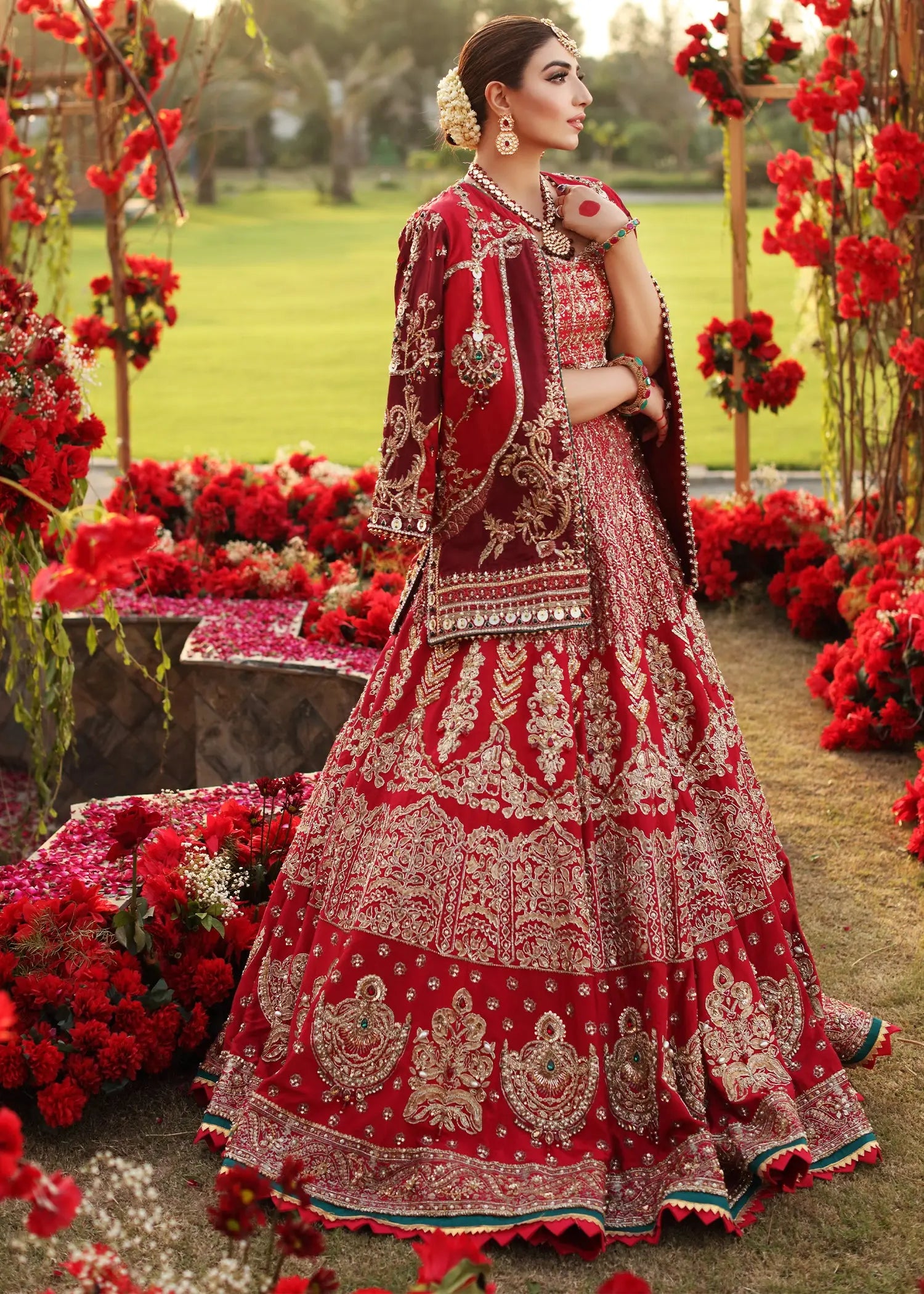Pakistani Red Zardozi Embroidered Raw Silk Bridal Lehenga (3-Piece) - Image 3