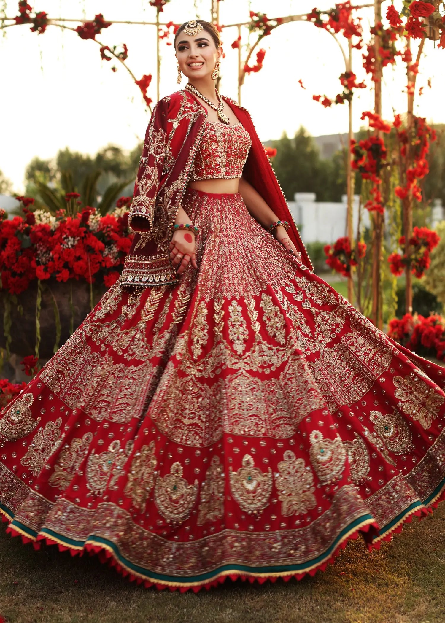 Pakistani Red Zardozi Embroidered Raw Silk Bridal Lehenga (3-Piece) - Image 4