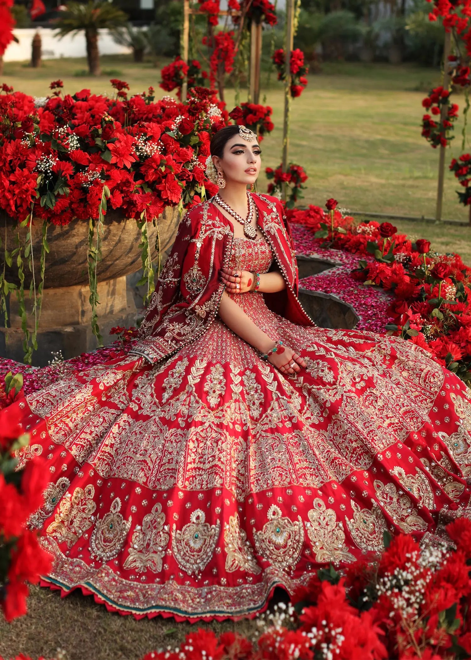 Pakistani Red Zardozi Embroidered Raw Silk Bridal Lehenga (3-Piece) - Image 6