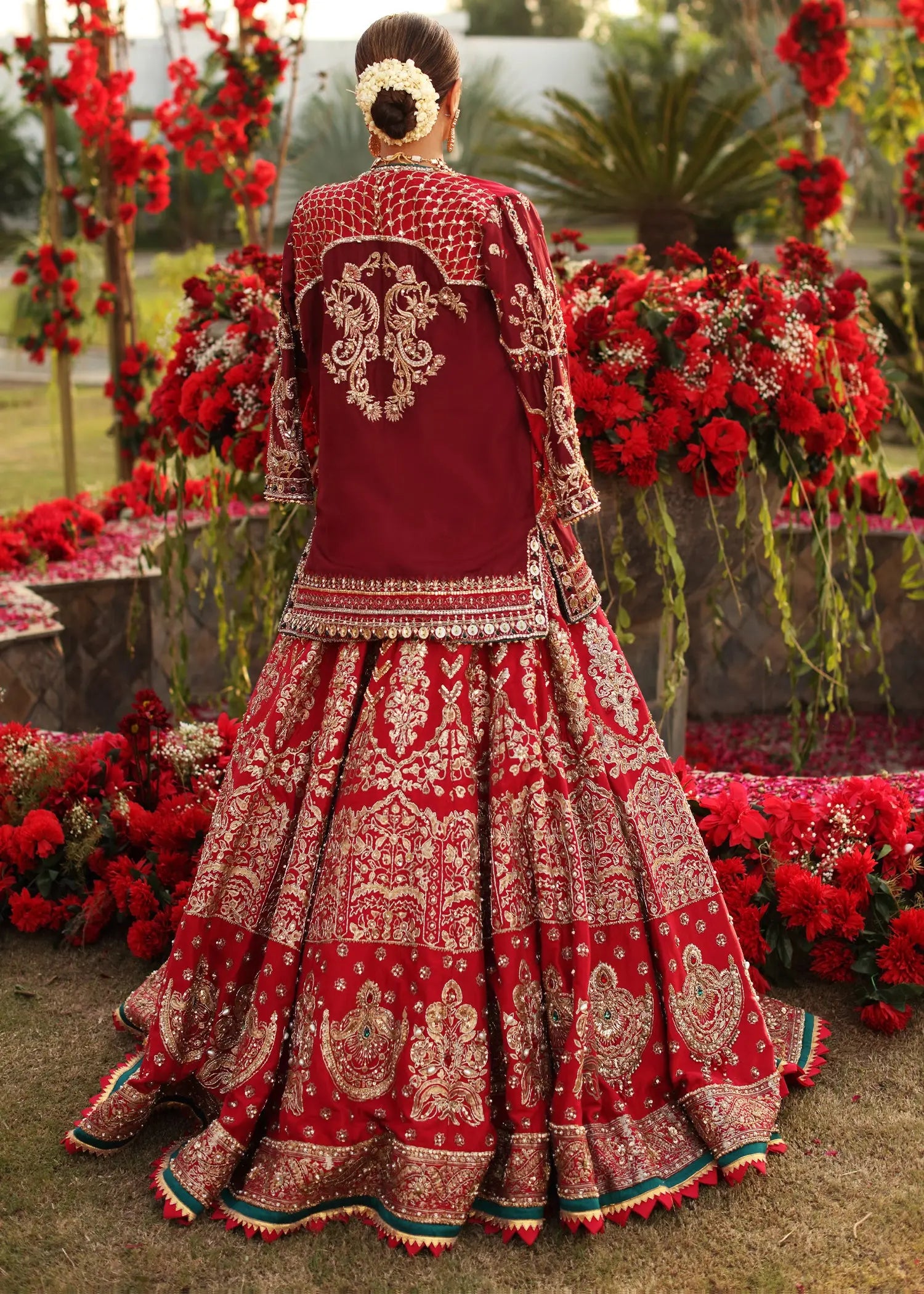 Pakistani Red Zardozi Embroidered Raw Silk Bridal Lehenga (3-Piece) - Image 7