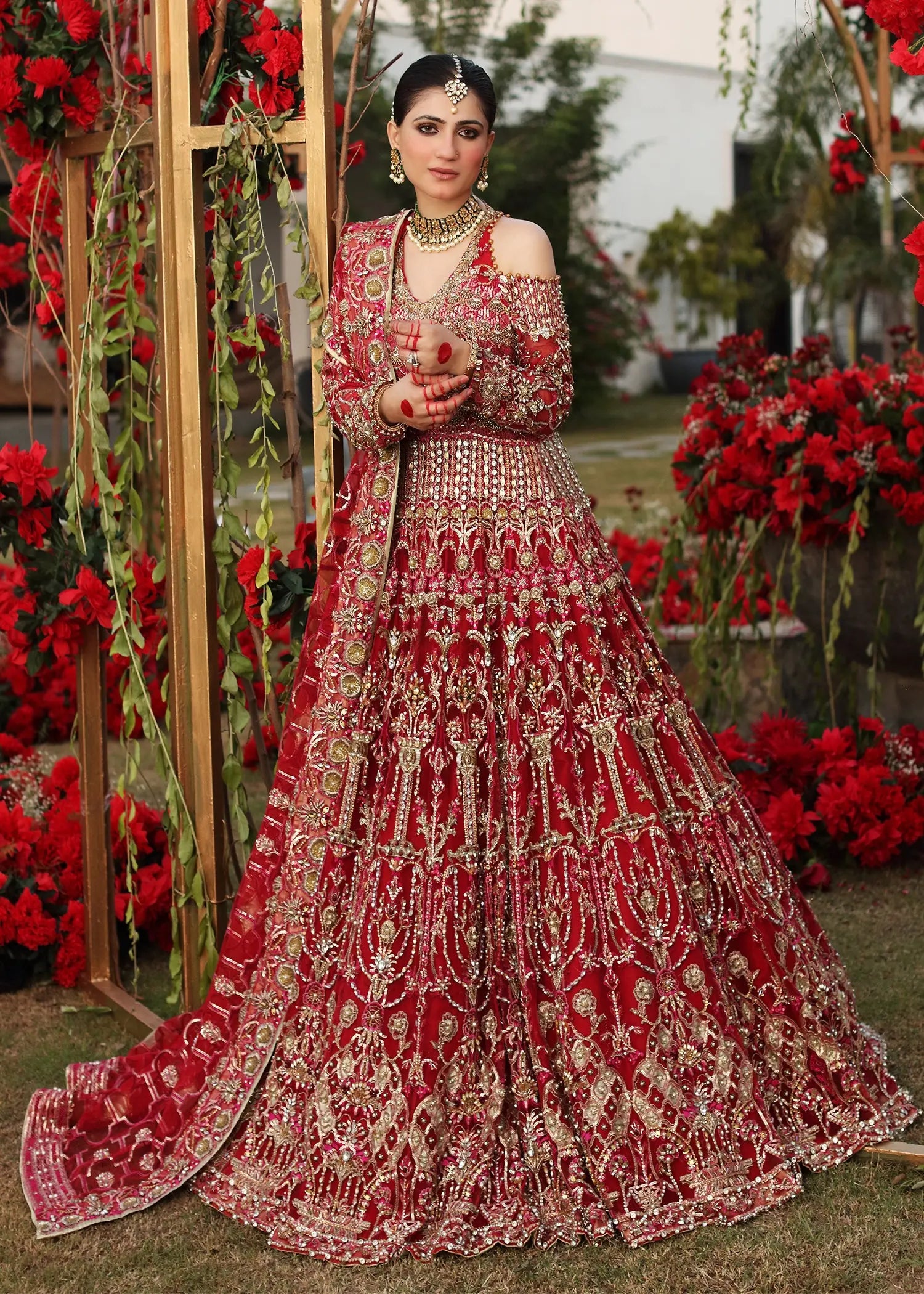 Pakistani Red Embroidered Raw Silk Lehenga (3-Piece) - Image 1