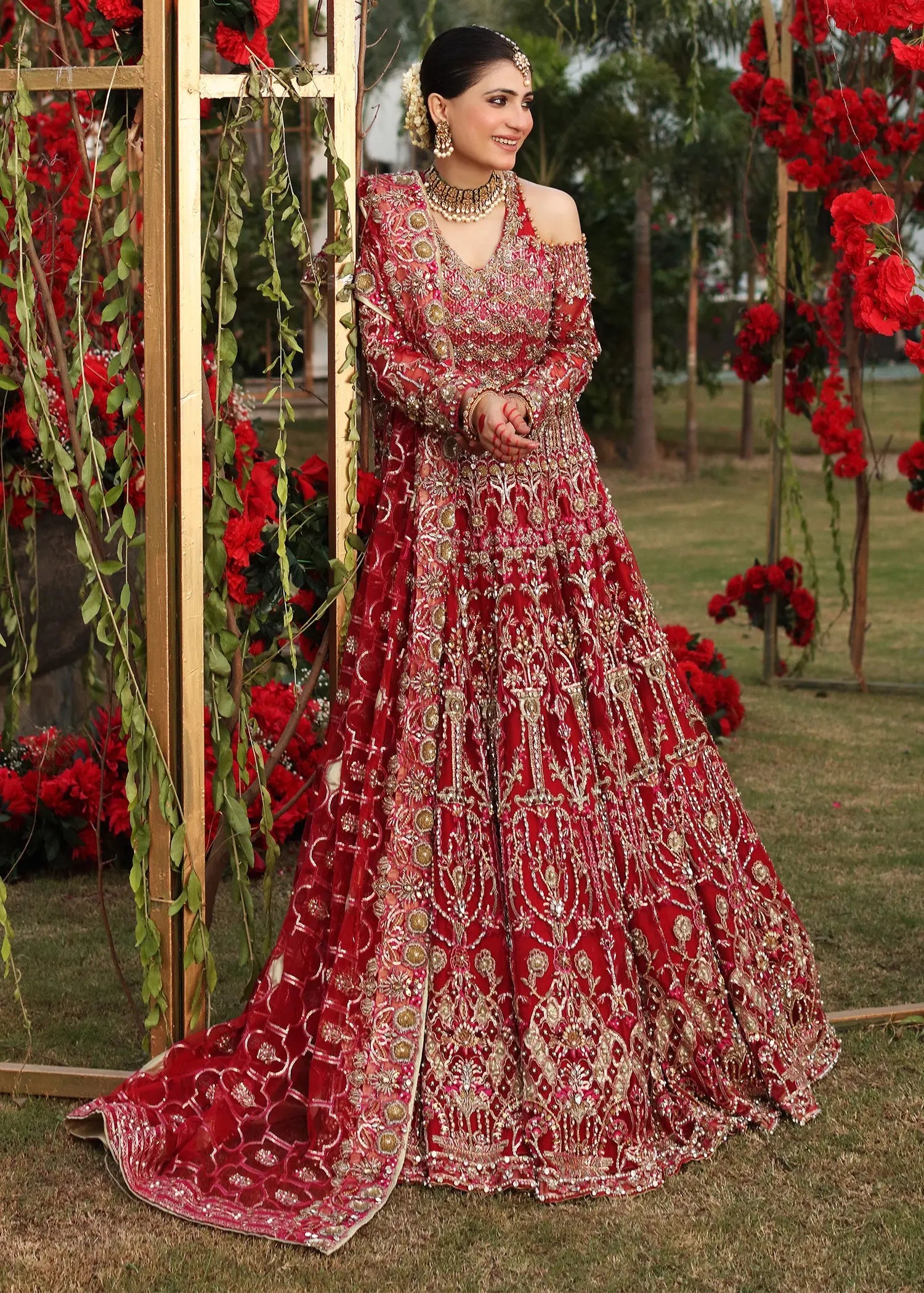 Pakistani Red Embroidered Raw Silk Lehenga (3-Piece) - Image 3