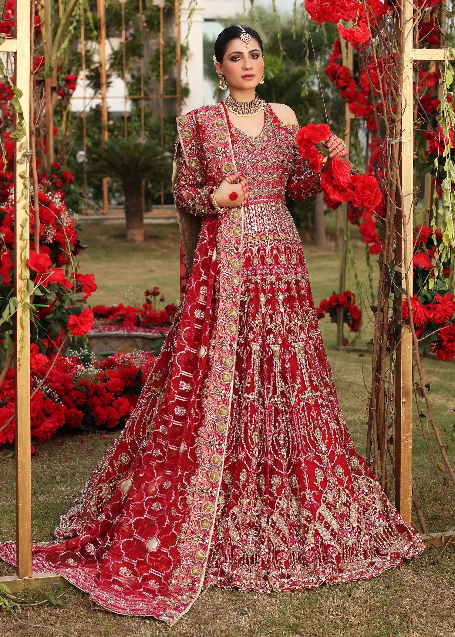 Pakistani Red Embroidered Raw Silk Lehenga (3-Piece) - Image 4