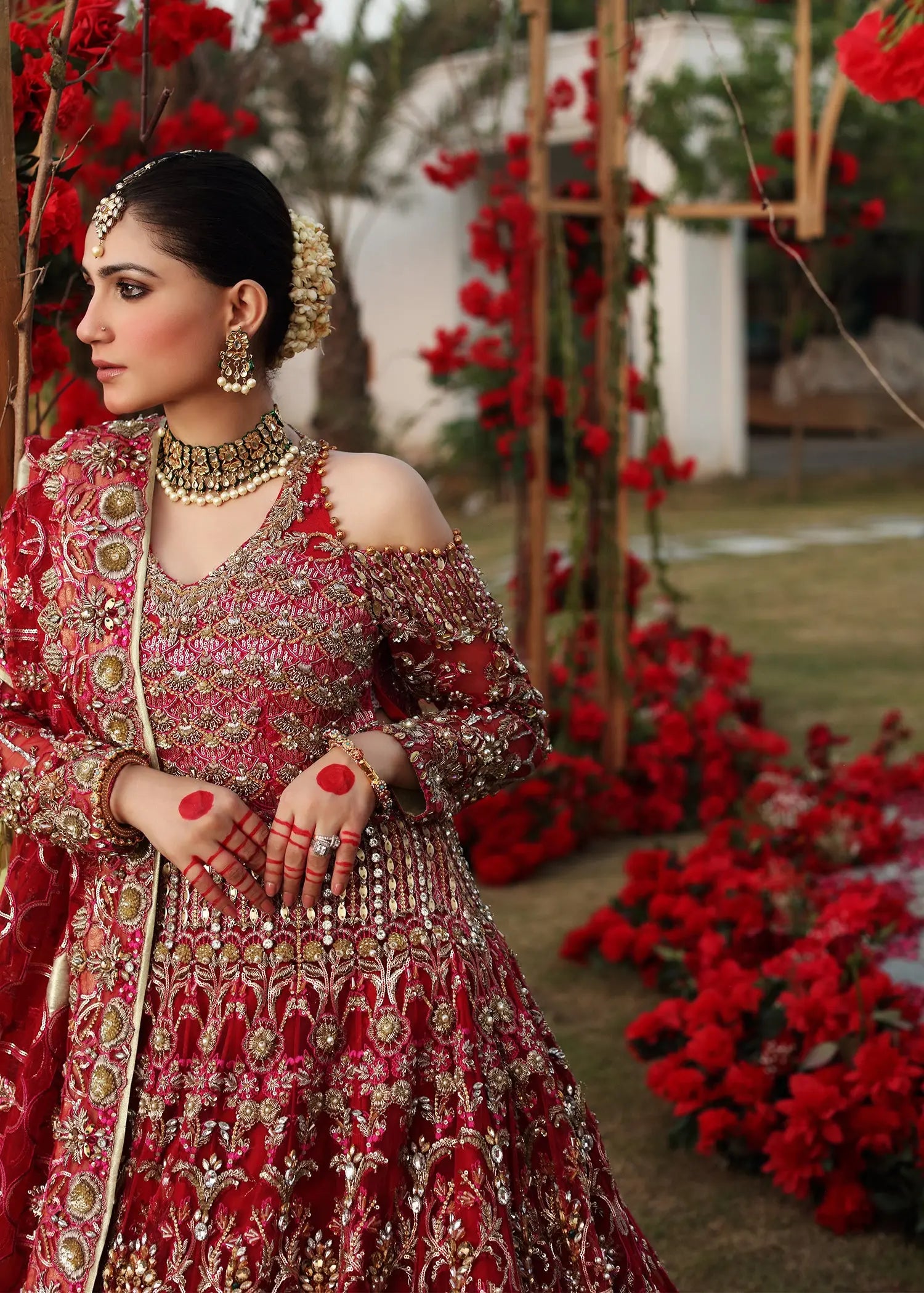 Pakistani Red Embroidered Raw Silk Lehenga (3-Piece) - Image 5