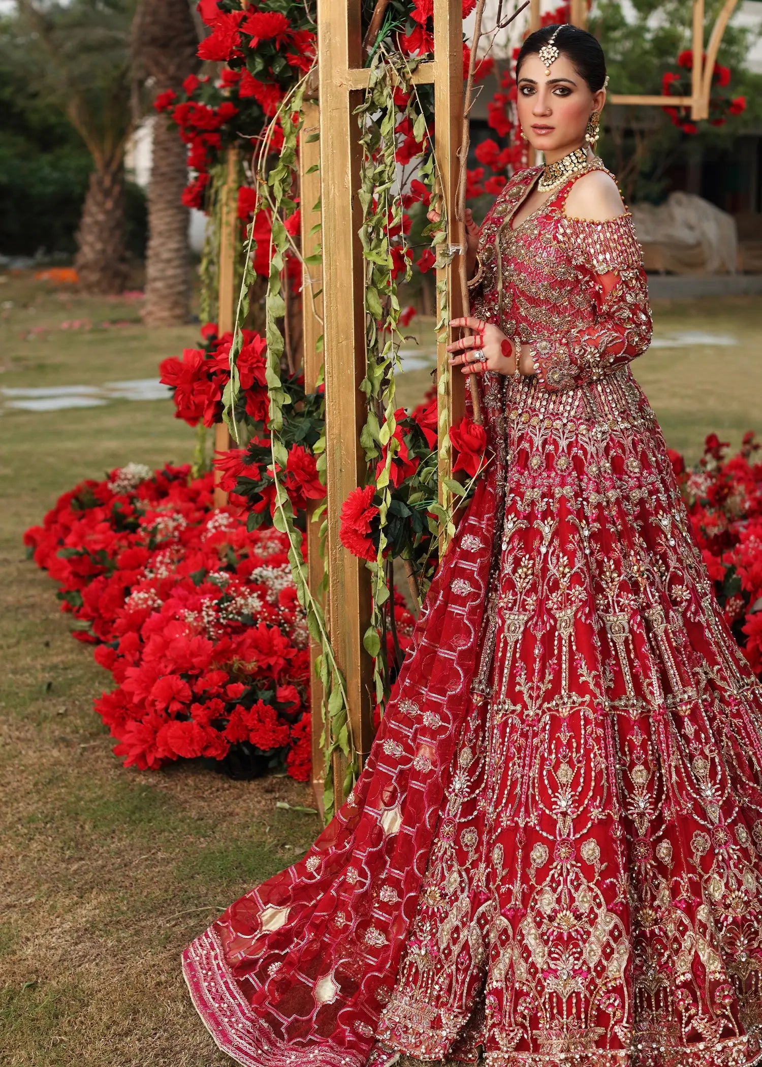 Pakistani Red Embroidered Raw Silk Lehenga (3-Piece) - Image 6