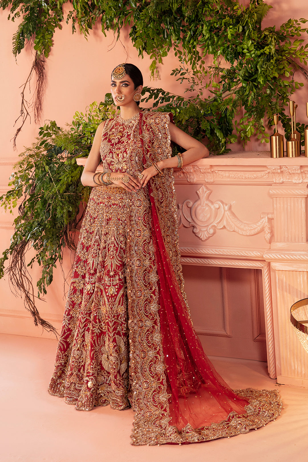Pakistani Deep Red Zardozi Raw Silk Bridal Lehenga (3-Piece) - Image 1