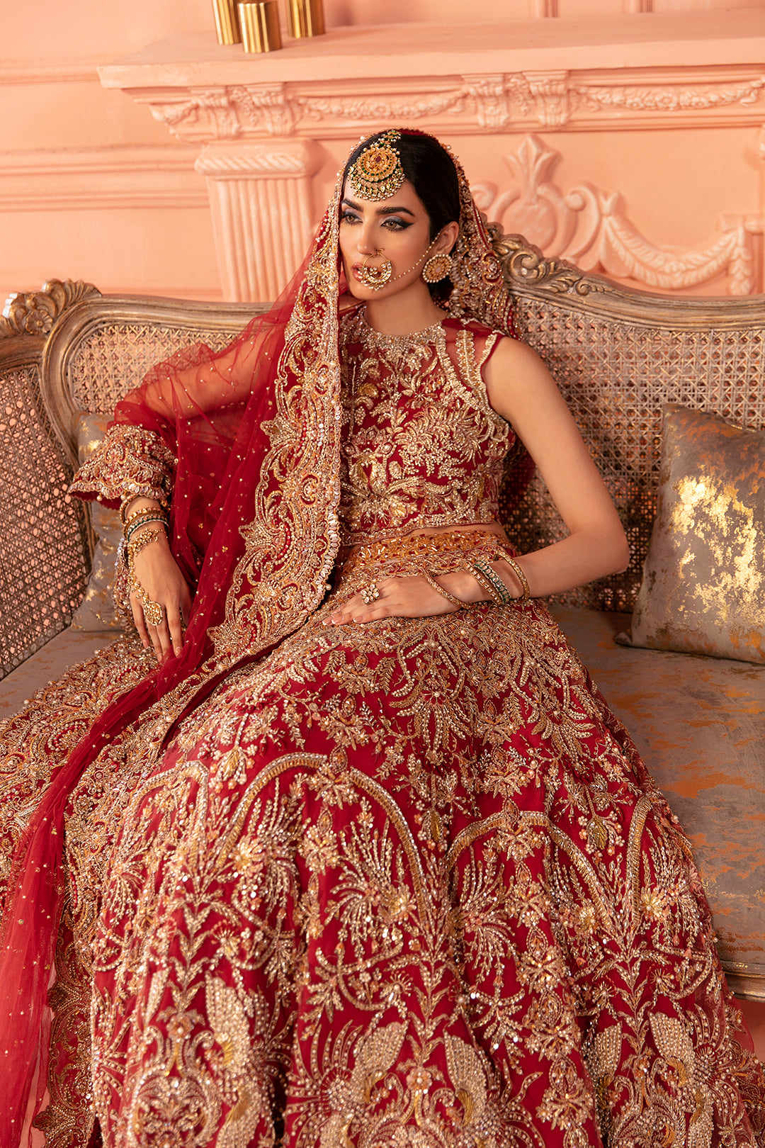 Pakistani Deep Red Zardozi Raw Silk Bridal Lehenga (3-Piece) - Image 2