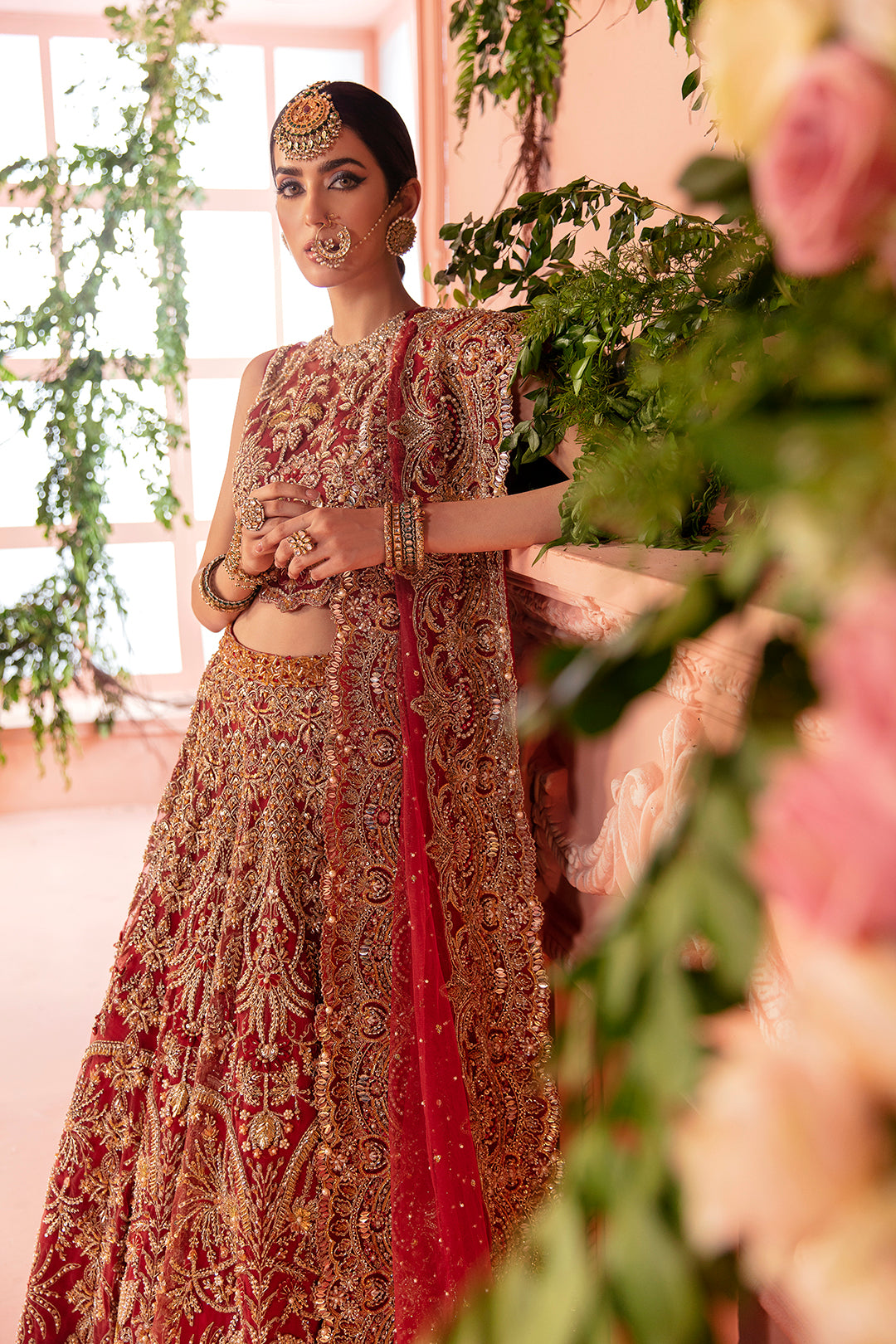 Pakistani Deep Red Zardozi Raw Silk Bridal Lehenga (3-Piece) - Image 3