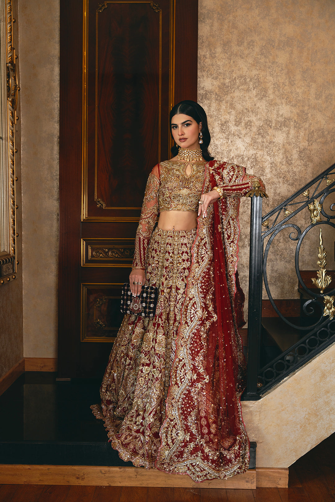 Pakistani Scarlet Red Embroidered Raw Silk Bridal Lehenga (3-Piece) - Image 1