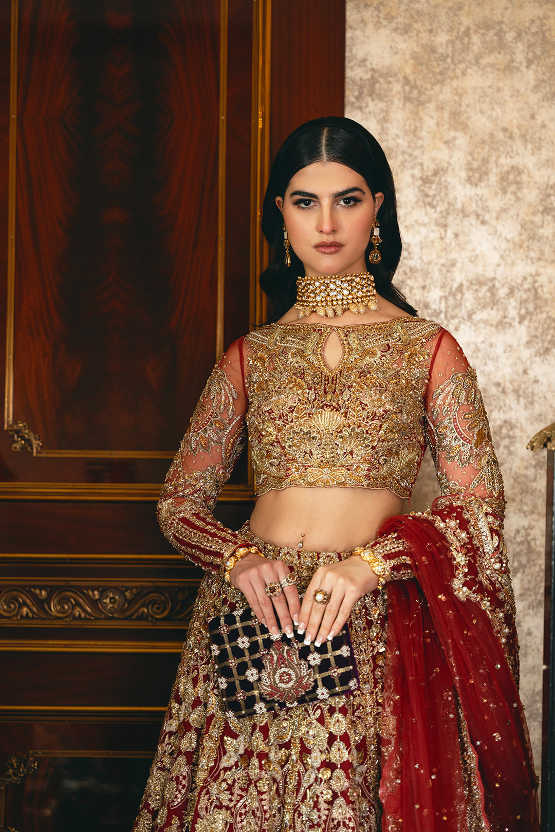 Pakistani Scarlet Red Embroidered Raw Silk Bridal Lehenga (3-Piece) - Image 2
