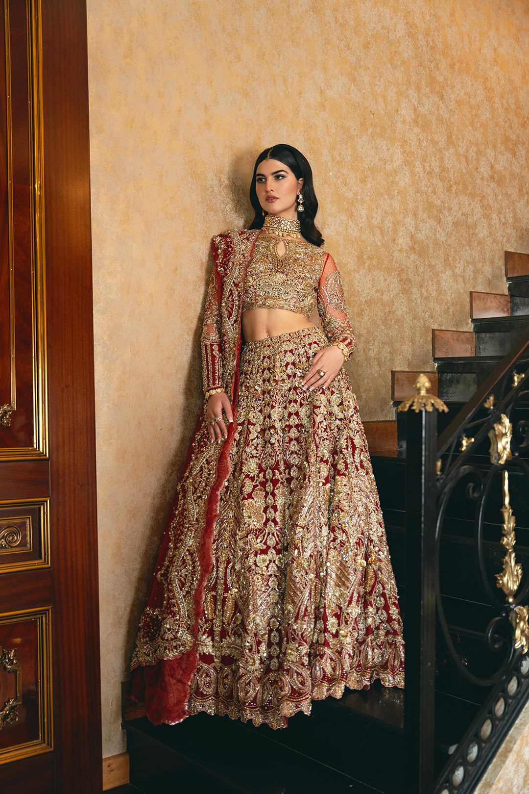 Pakistani Scarlet Red Embroidered Raw Silk Bridal Lehenga (3-Piece) - Image 3