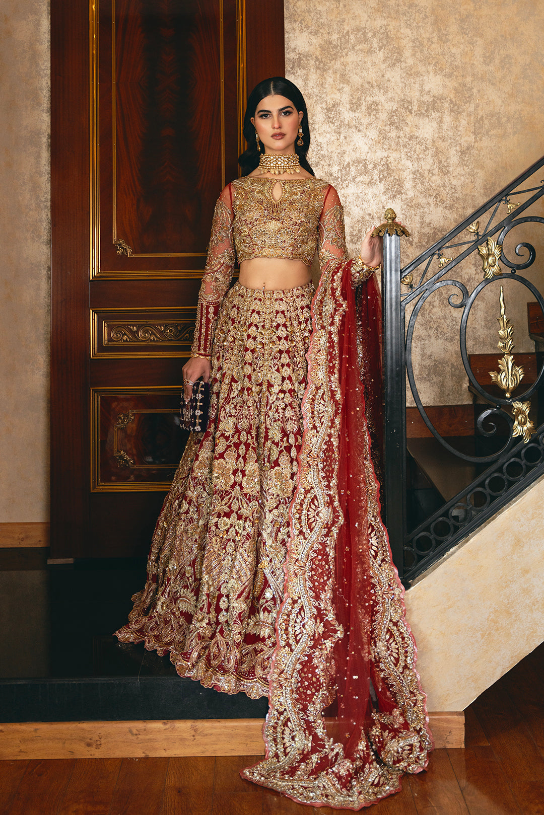 Pakistani Scarlet Red Embroidered Raw Silk Bridal Lehenga (3-Piece) - Image 4