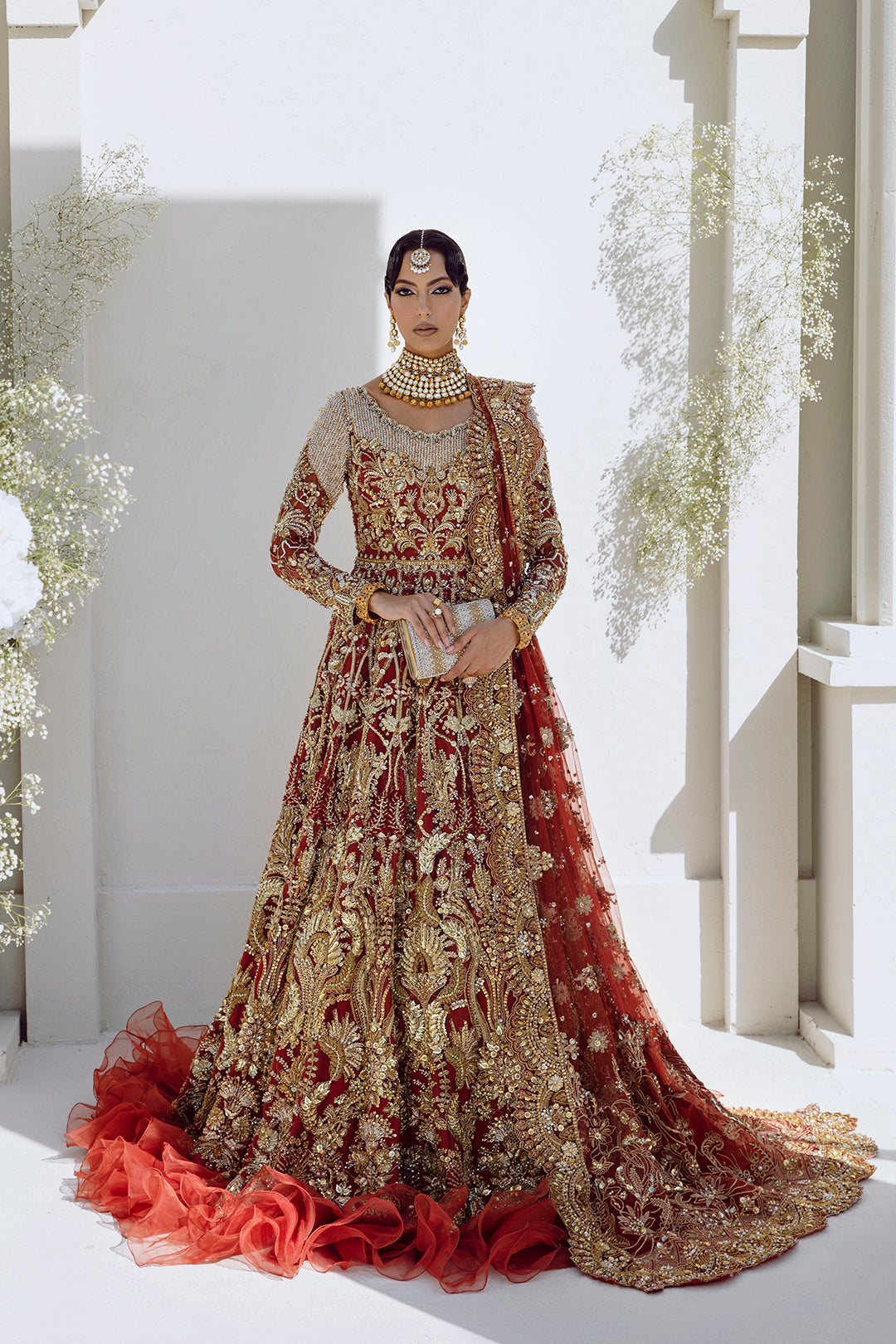 Red Embellished Net & Raw Silk Bridal Lehenga (3-Piece) - Image 1