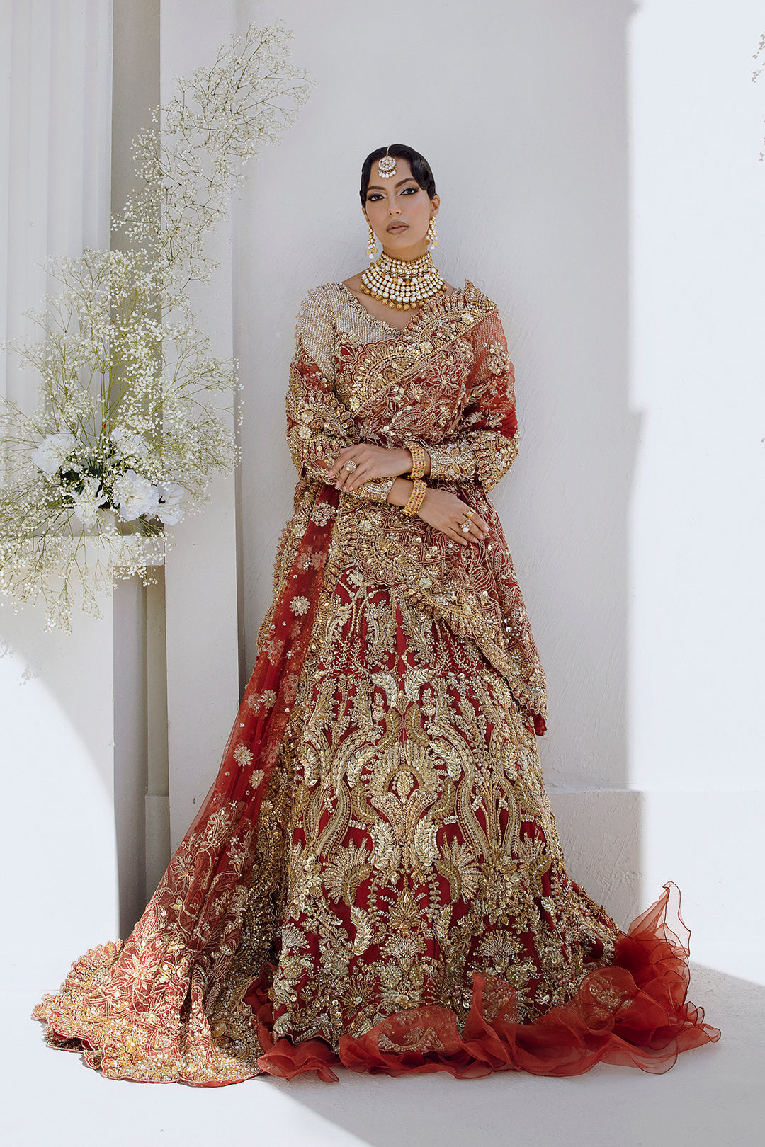 Red Embellished Net & Raw Silk Bridal Lehenga (3-Piece) - Image 4