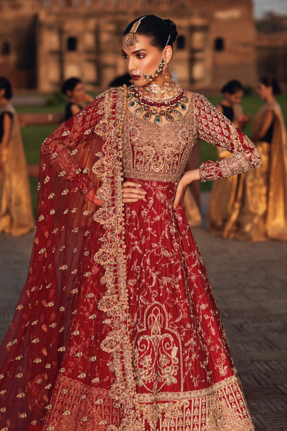 Deep Red Zardozi Raw Silk Bridal Lehenga (3-Piece) - Image 3